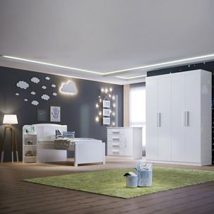 Quarto Infantil Completo com Guarda-Roupa Cama 100% MDF e Cômoda Angel Branco