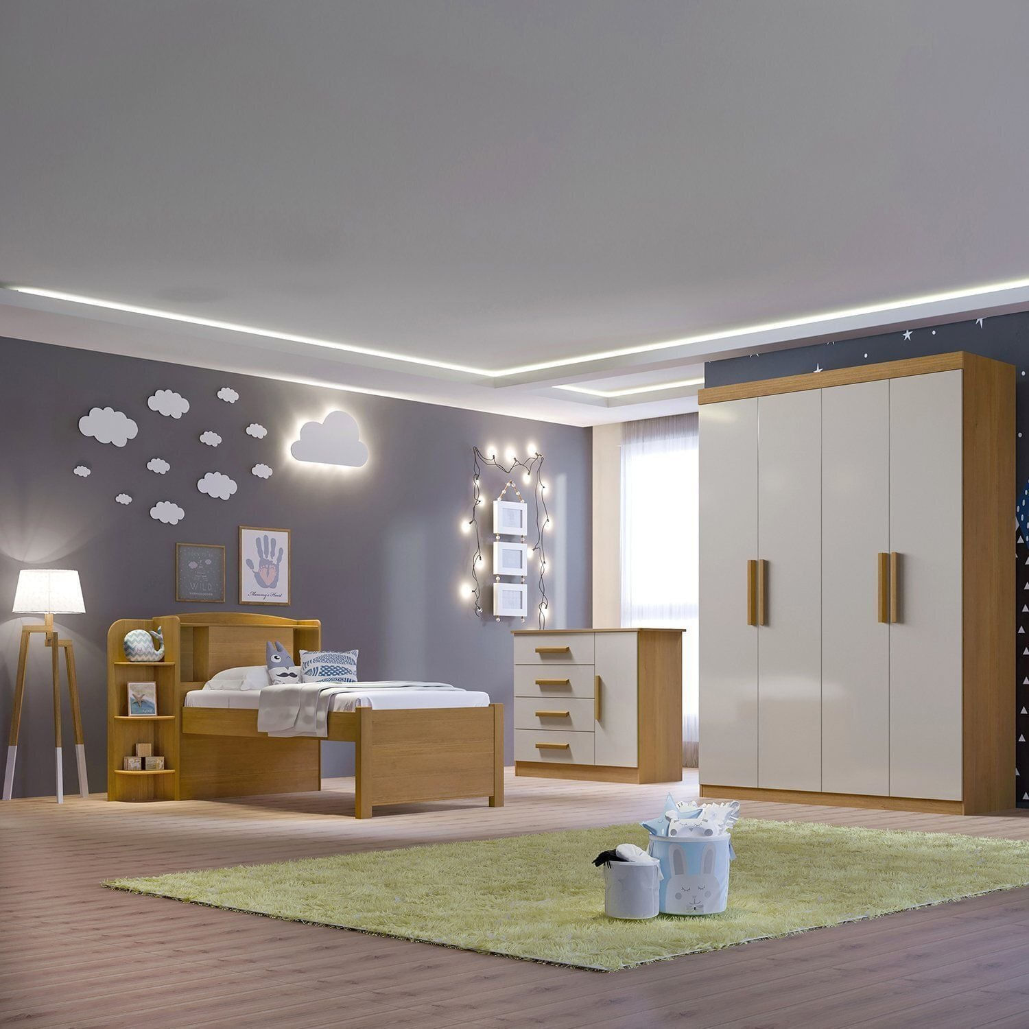 Quarto Infantil Completo com Guarda-Roupa Cama 100% MDF e Cômoda Angel Cinamomo / Off White