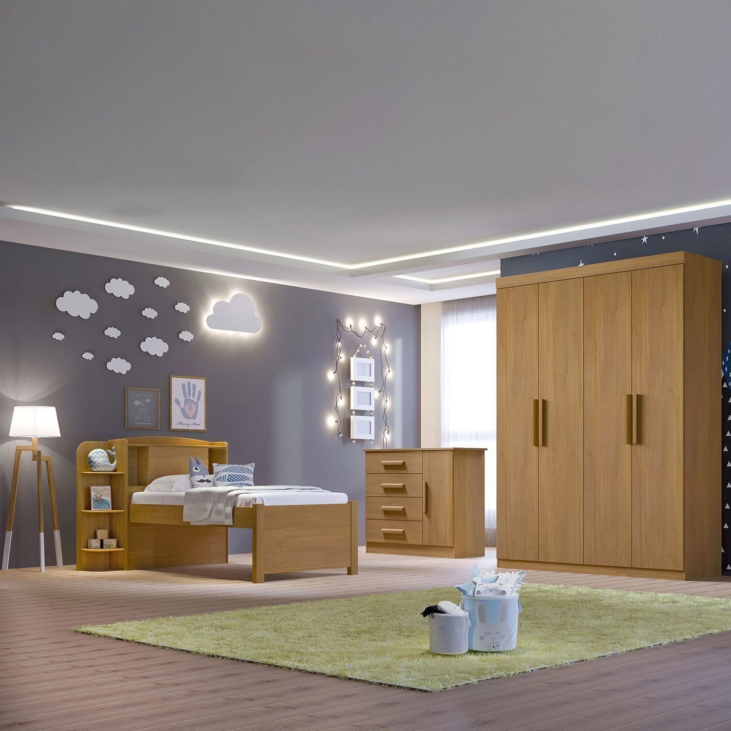 Quarto Infantil Completo com Guarda-Roupa Cama 100% MDF e Cômoda Angel Cinamomo