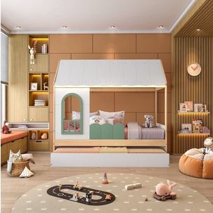 Bicama Infantil Casinha com Led e Janela New Garden Casatema Verde/Natural