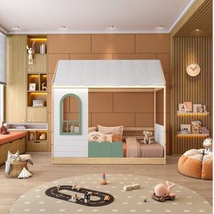 Cama Montessoriana Casinha com Led e Janela New Garden Casatema Verde/Natural