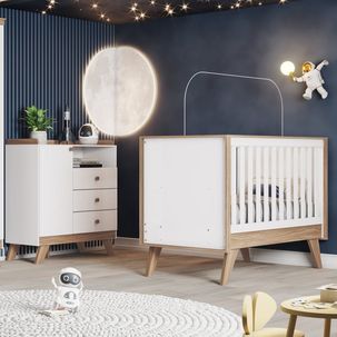 Quarto de Bebê Berço Cômoda Retro Confete Branco/Jequitibá