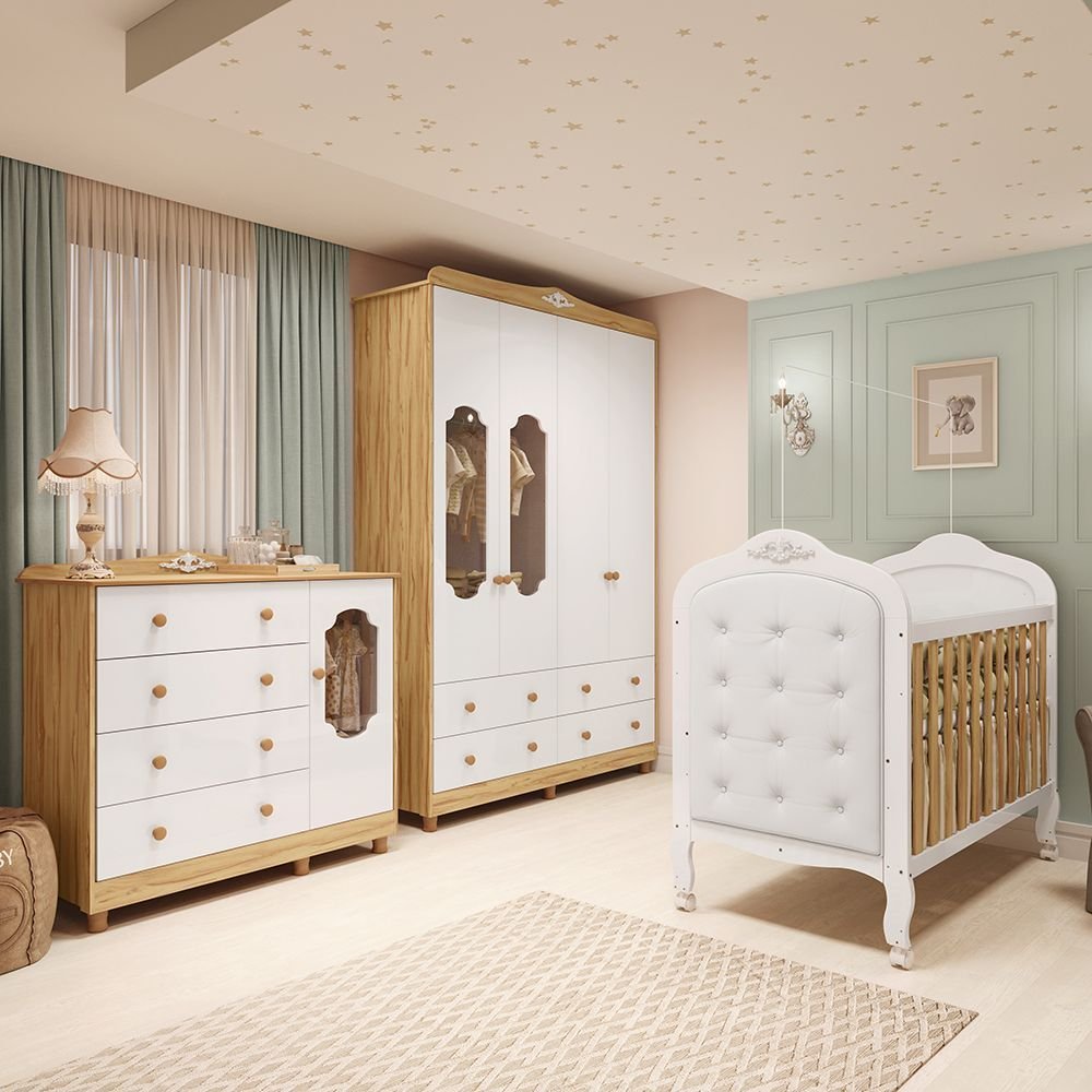 Quarto de Bebê 100% Mdf com Guarda-roupa Cômoda e Berço com Capitonê Maya Provençal Espresso Móveis Branco Brilho/Amêndoa
