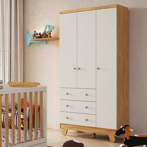 Guarda-roupa Infantil 3 Portas 3 Gavetas 92cm Levy Espresso Móveis Amendoa/ Off White