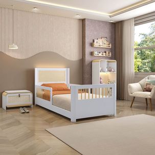 Cama Infantil Montessoriana Reversível Led Rattan e Grade de Proteção Wave Casatema Branco/Natural
