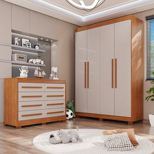 Conjunto Quarto Infantil Guarda-Roupa 4 Portas 3 Gavetas e Cômoda 8 Gavetas Alice Espresso Móveis Cinamomo / Off White