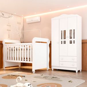 Quarto de Bebê Berço Mini Cama Americano 3 em 1 e Guarda-roupa 3 Portas em Mdf Mirelle Branco