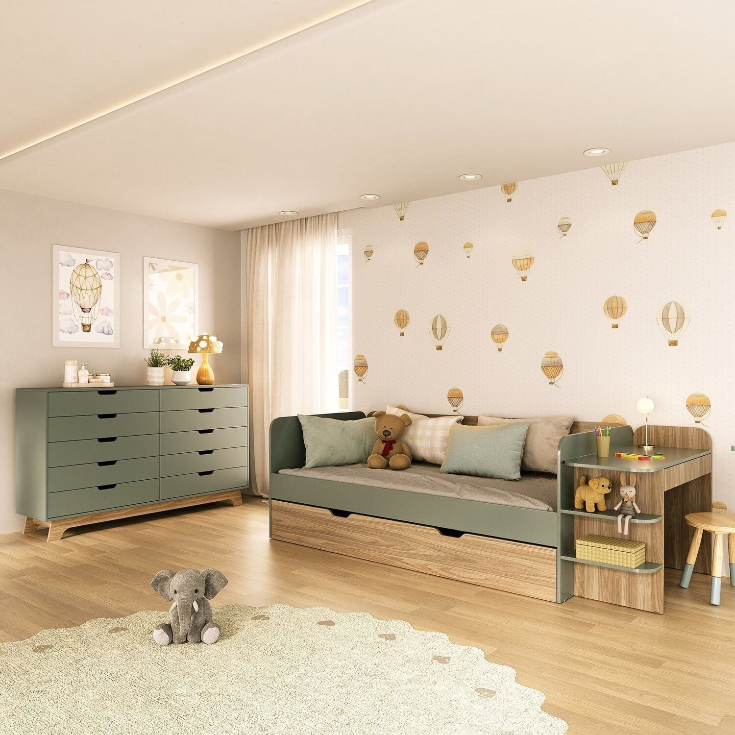 Quarto Infantil Cama de Solteiro 3 em 1 e Cômoda 10 Gavetas em MDF Premium Helena e Alice Verti/Louro Freijó Grann
