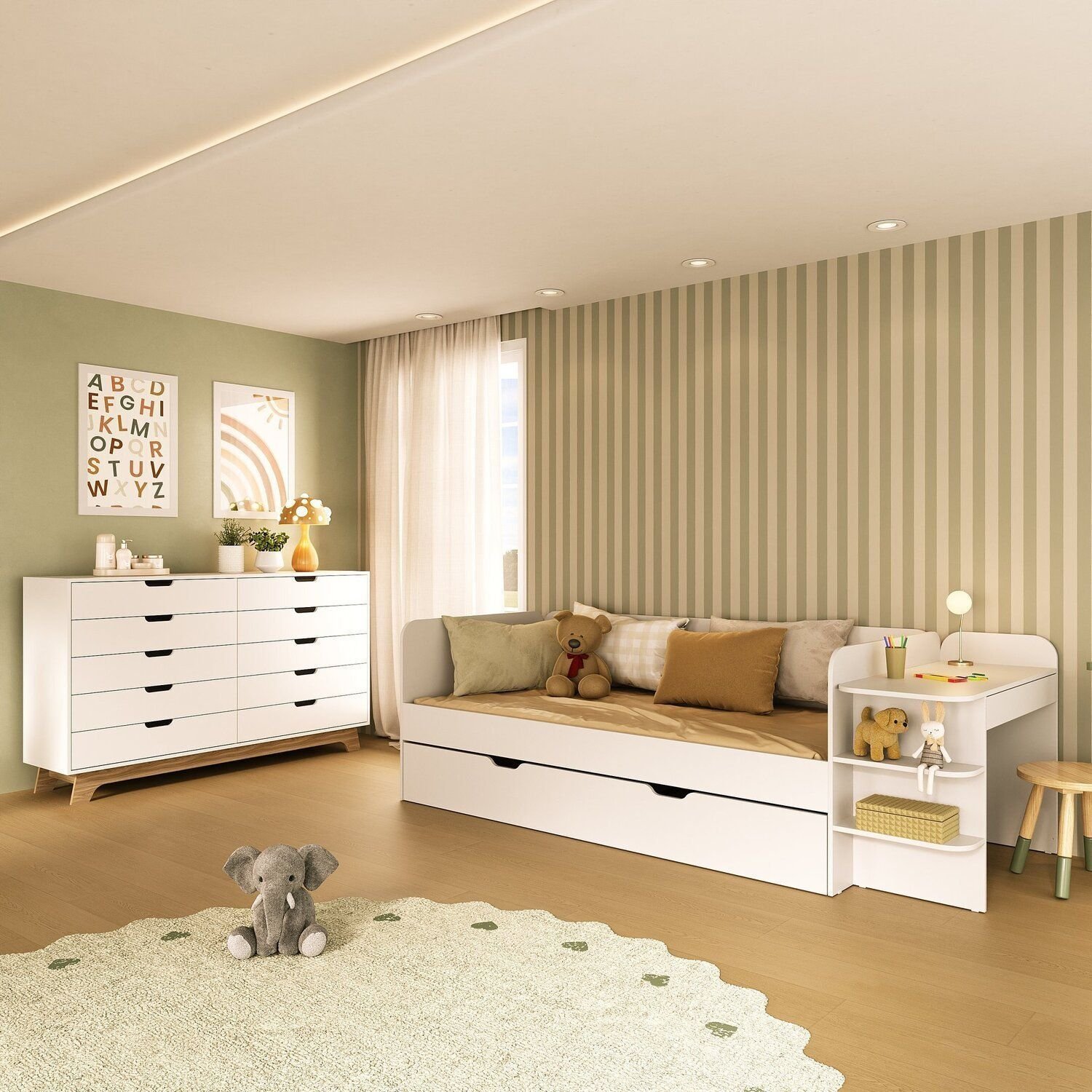 Quarto Infantil Cama de Solteiro 3 em 1 e Cômoda 10 Gavetas em MDF Premium Helena e Alice Branco/ Louro Freijó Grann