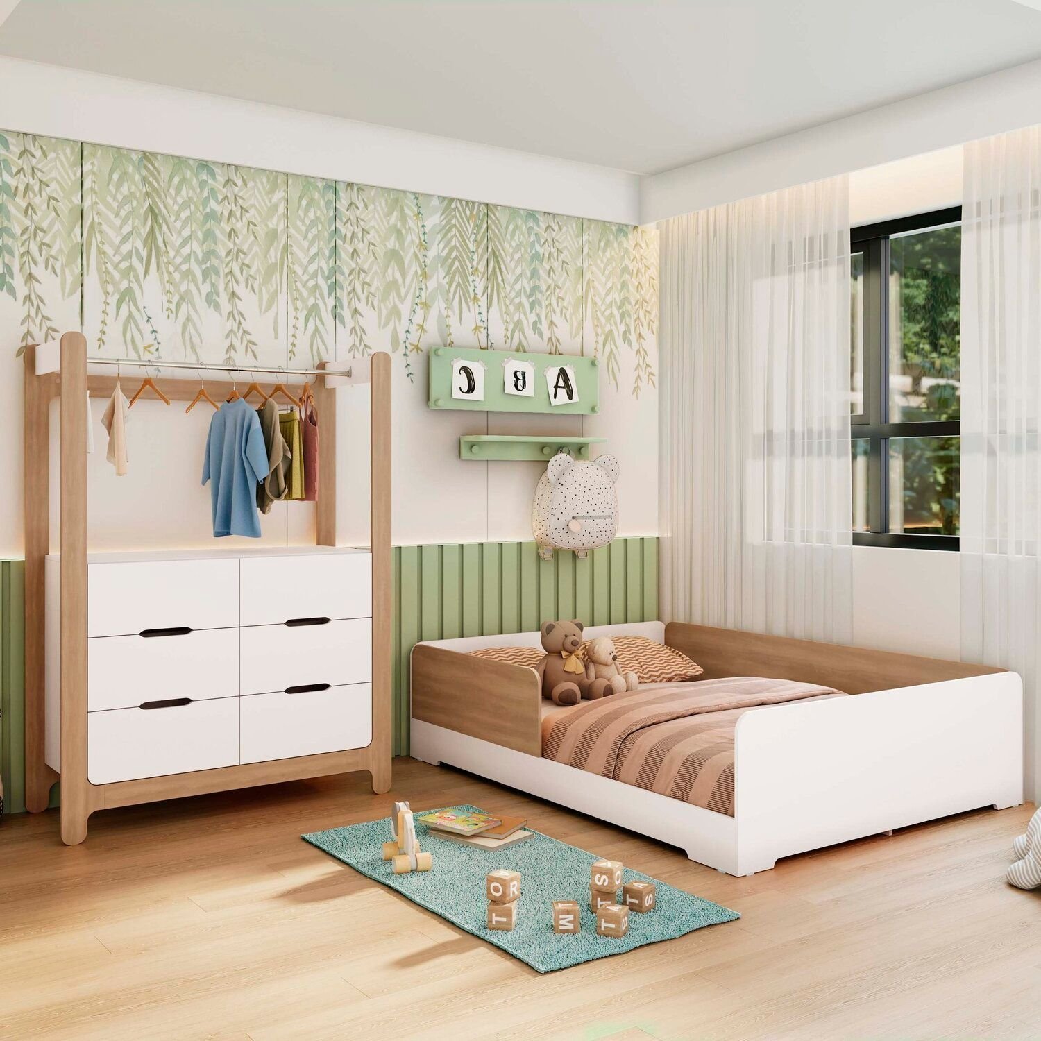 Quarto Infantil Completo Guarda-Roupa Closet e Cama Casal Montessoriana 100% MDF Olivia e Mark Branco/ Louro Freijó Grann