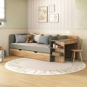 Cama de Solteiro Funcional Infantil com Escrivaninha e Cama Auxiliar 100% Mdf Premium Helena Verti/Louro Freijó Grann