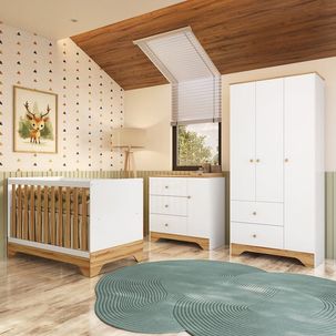 Quarto de Bebê Completo Guarda-roupa e Cômoda e Berço 3 em 1 Minicama 100% Mdf Ravy Espresso Móveis Branco Brilho/Amêndoa