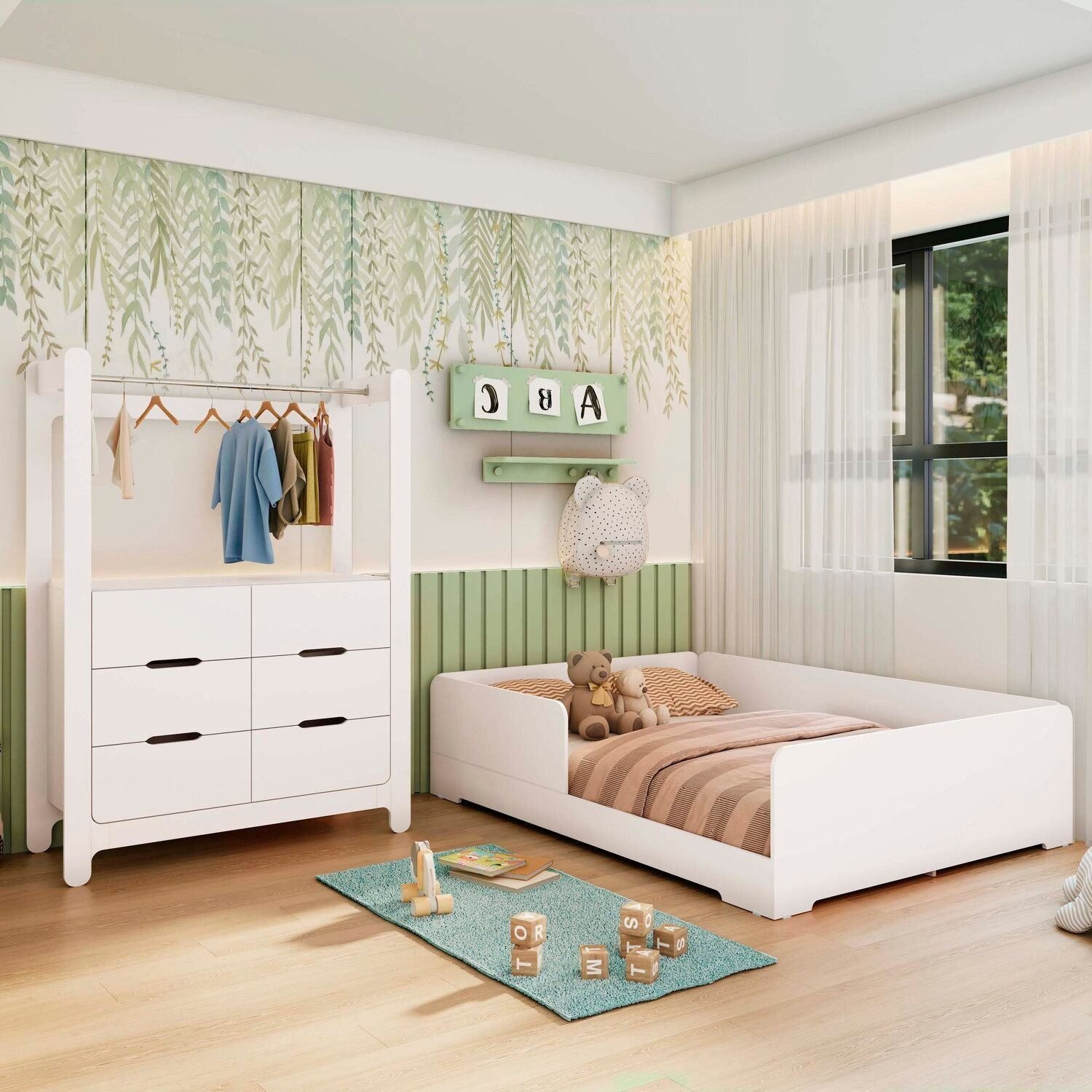 Quarto Infantil Completo Guarda-Roupa Closet e Cama Casal Montessoriana 100% MDF Olivia e Mark Branco