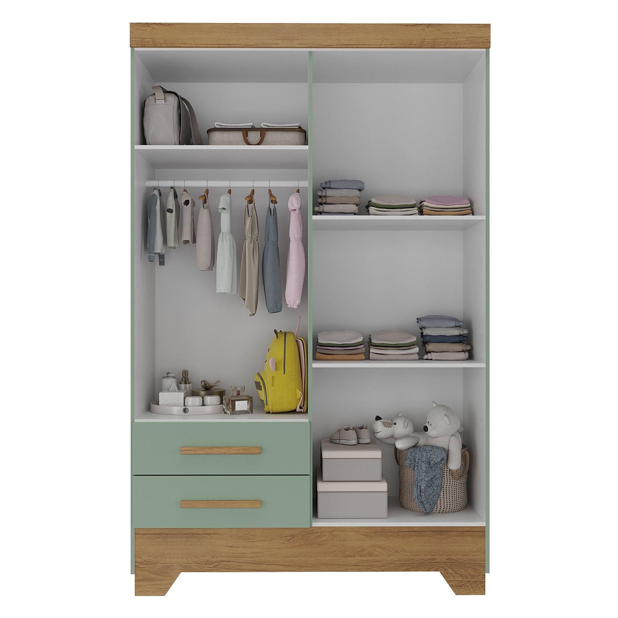 Quarto Infantil Completo Guarda Roupa 4 Portas 2 Gavetas com Cômoda Liz Verde Fosco/Nature