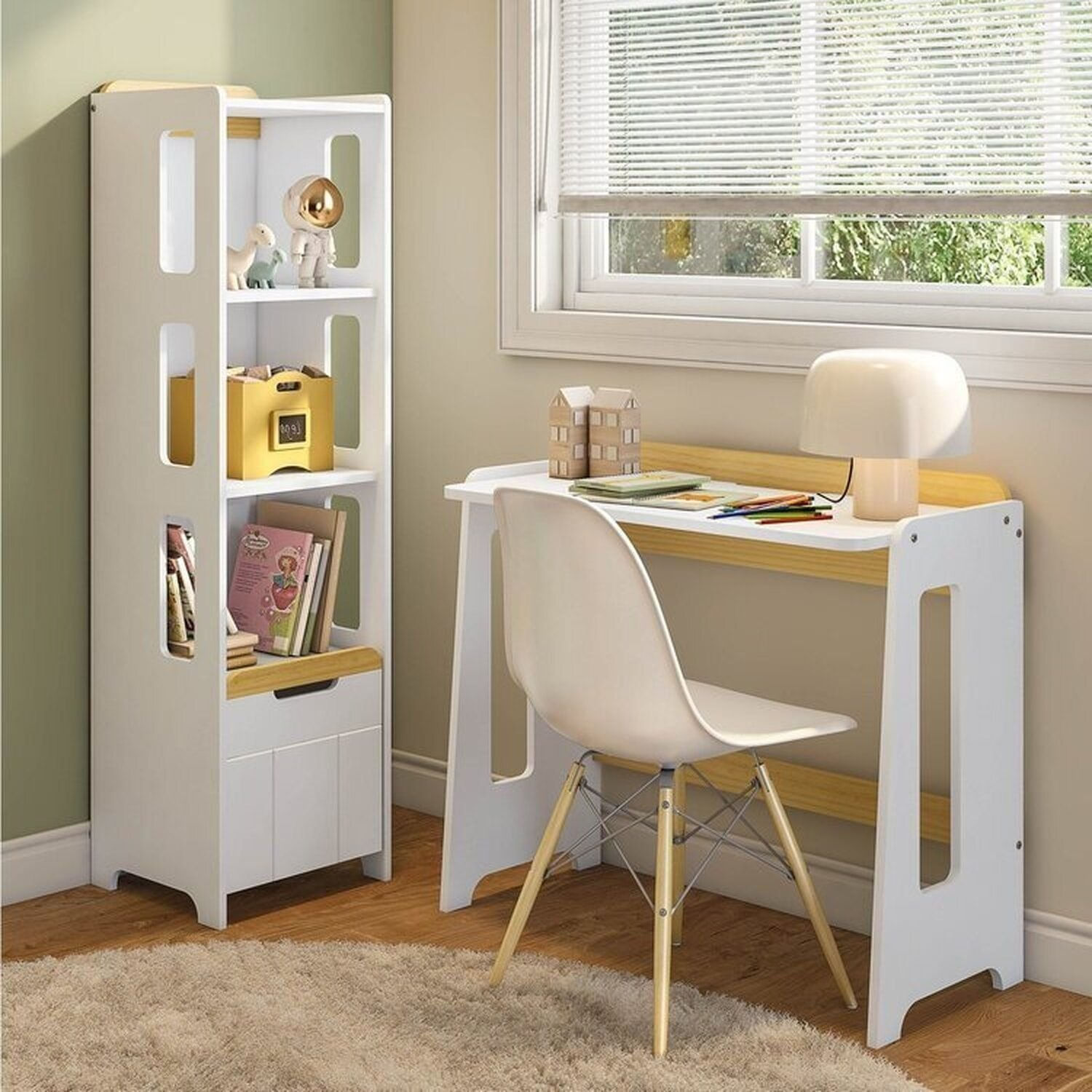 Escrivaninha e Estante 3 Nichos com Porta Petit Casatema Branco/Mel