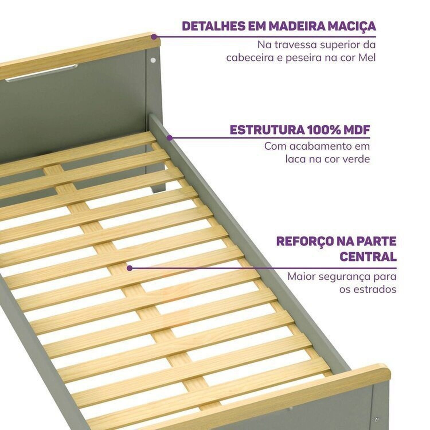 Cama Infantil com Led e Kit Grade de Proteção Petit Casatema Madeiraoriginals Verde/Mel
