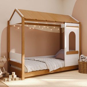 Cama Casinha Montessoriano Reversível com Janela de Led Aria Casatema Nogueira/Branco
