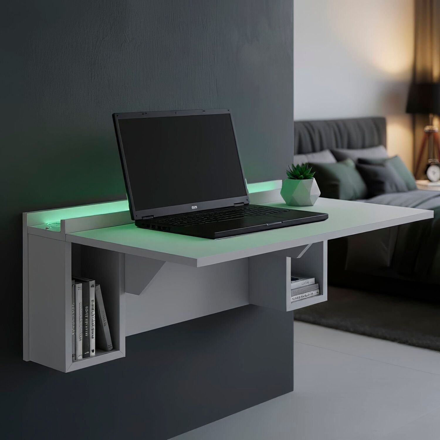 Escrivaninha Mesa Dobrável com Nichos e Led Verde Neon Branco