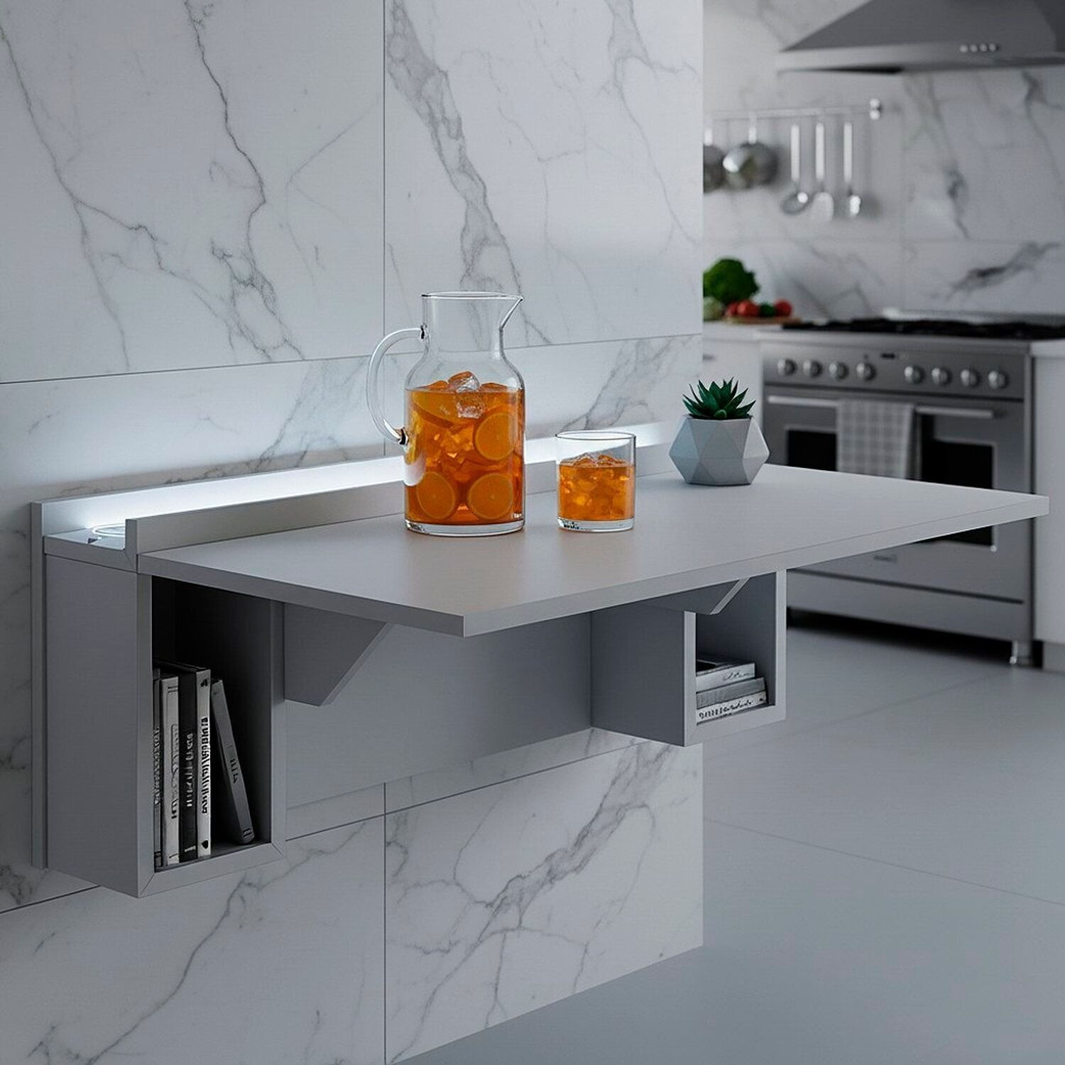 Escrivaninha Mesa Dobrável com Nichos e Led Branco Frio Neon Branco