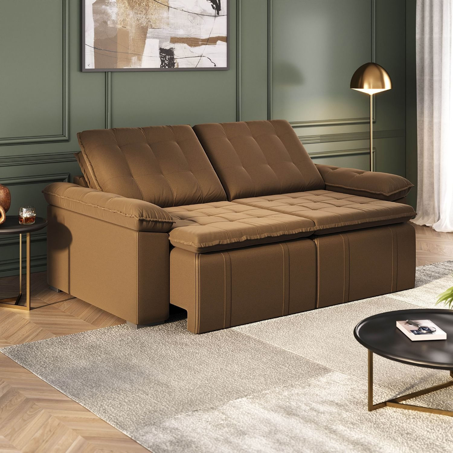 Sofá Cama Retrátil e Reclinável 3 Lugares 220cm Veludo com Molas Palmeira CabeCasa MadeiraOriginals Marrom Marrom