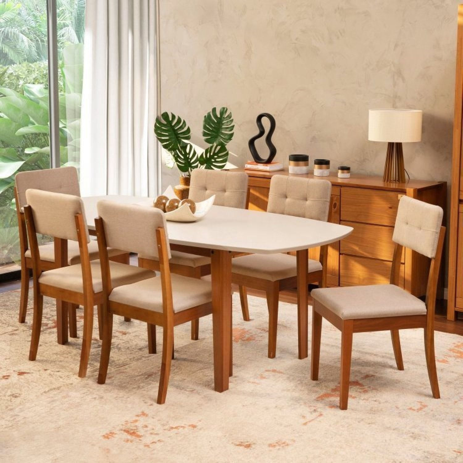 Conjunto Mesa de Jantar e 6 Cadeiras Tiê CabeCasa MadeiraOriginals Bege/Amêndoa/Off White Amêndoa/Off White/Bege