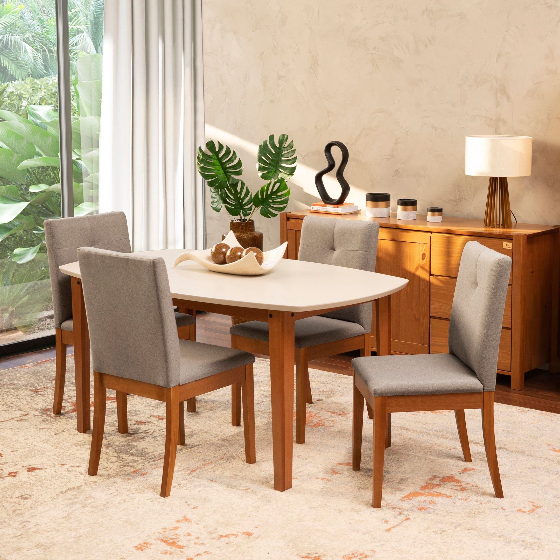 Conjunto Mesa de Jantar e 4 Cadeiras Tiê Maxx CabeCasa MadeiraOriginals Cinza/Amêndoa/Off White