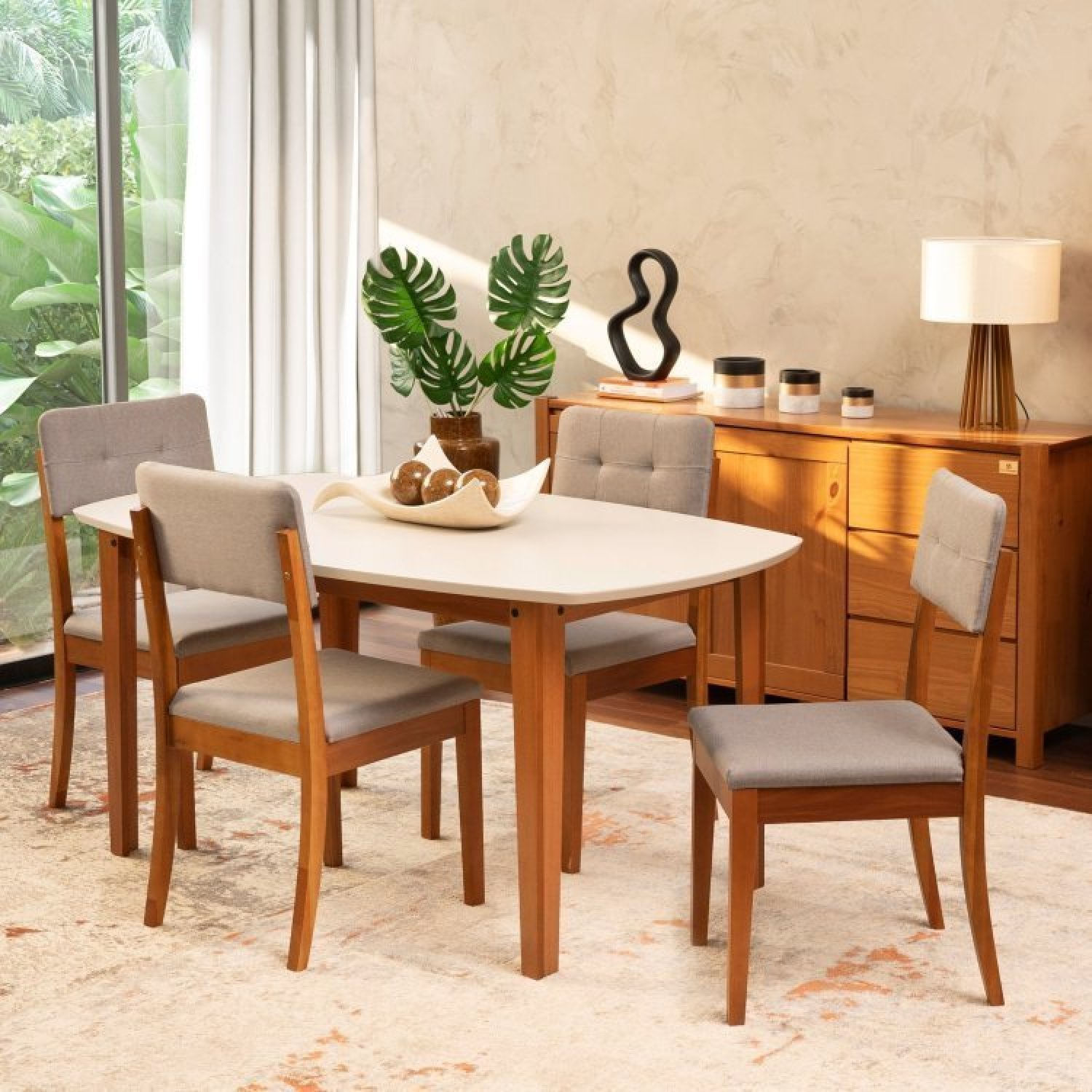 Conjunto Mesa de Jantar e 4 Cadeiras Tiê CabeCasa MadeiraOriginals Cinza/Amêndoa/Off White