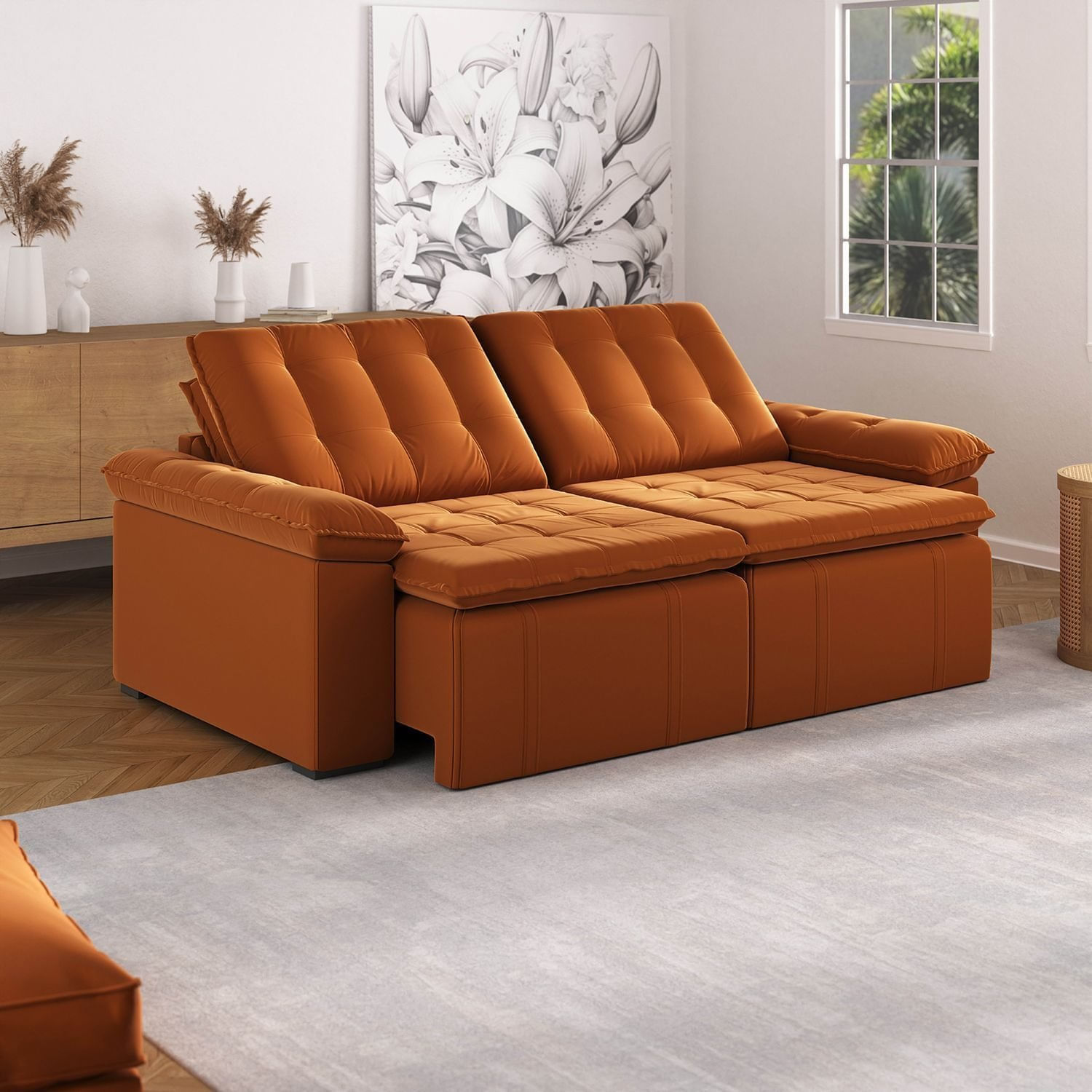 Sofá Cama Retrátil e Reclinável 4 Lugares 240cm Veludo com Molas Palmeira CabeCasa MadeiraOriginals Terracota Terracota