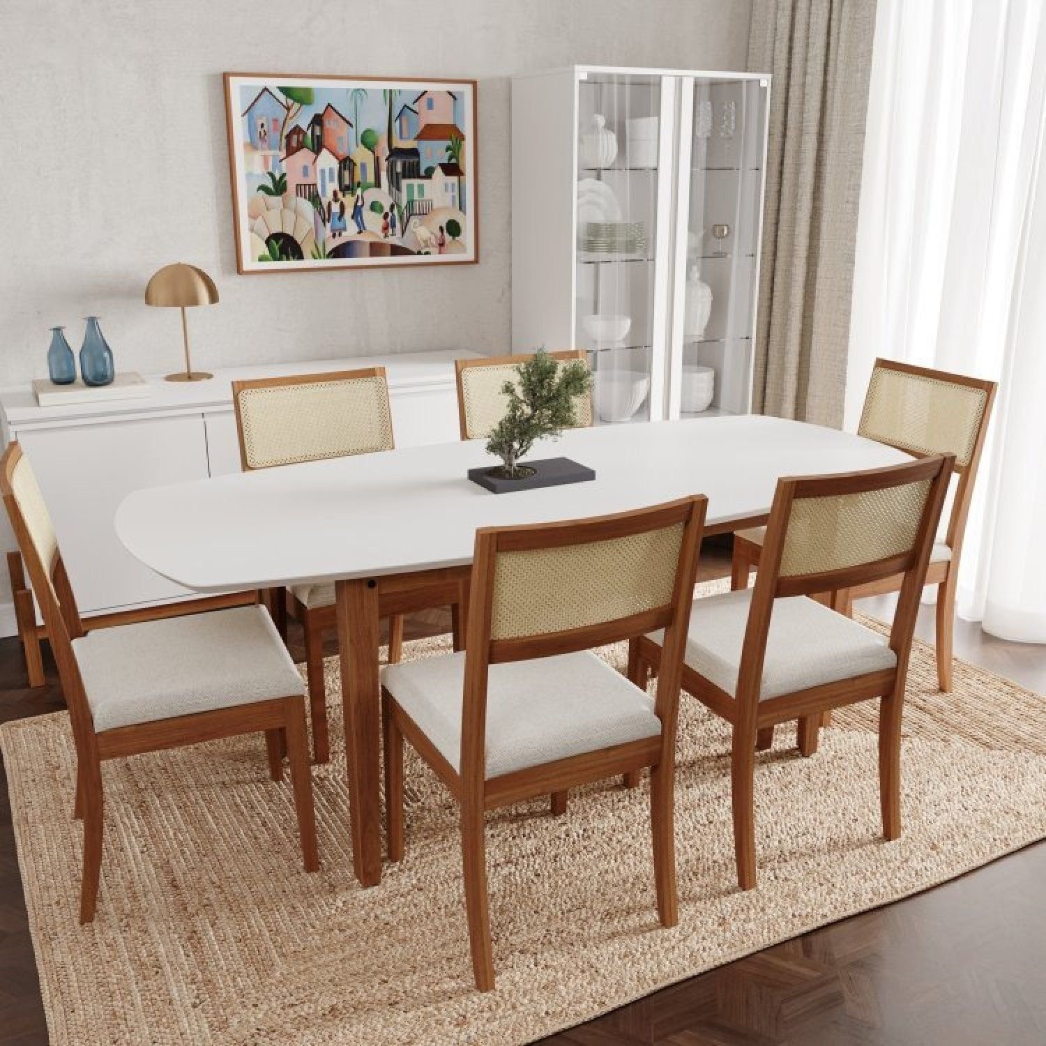 Conjunto Mesa de Jantar Tampo MDF 2,0m e 6 Cadeiras Tiê CabeCasa MadeiraOriginals Amendoa/Bege claro