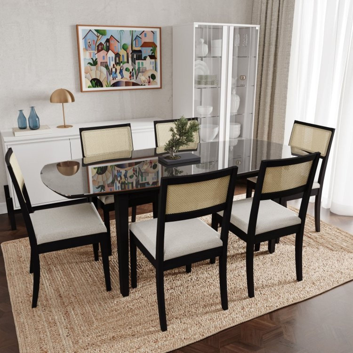 Conjunto Mesa de Jantar Tampo Vidro e MDF 2,0m e 6 Cadeiras Tiê CabeCasa MadeiraOriginals Preto Preto/Bege Claro