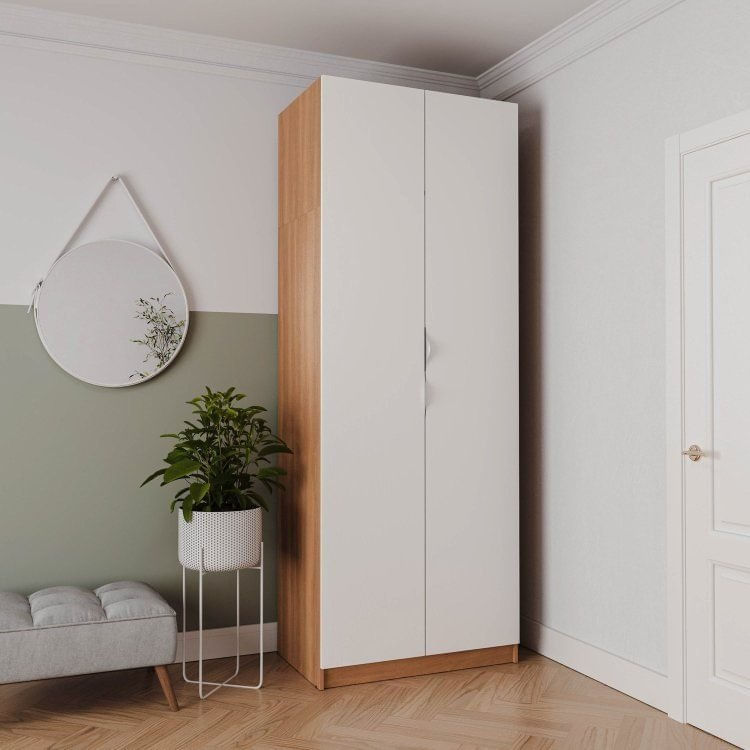 Guarda Roupa 2 Portas com Cabideiro 2 Gavetas Hera CabeCasa MadeiraOriginals Louro/Branco Geada
