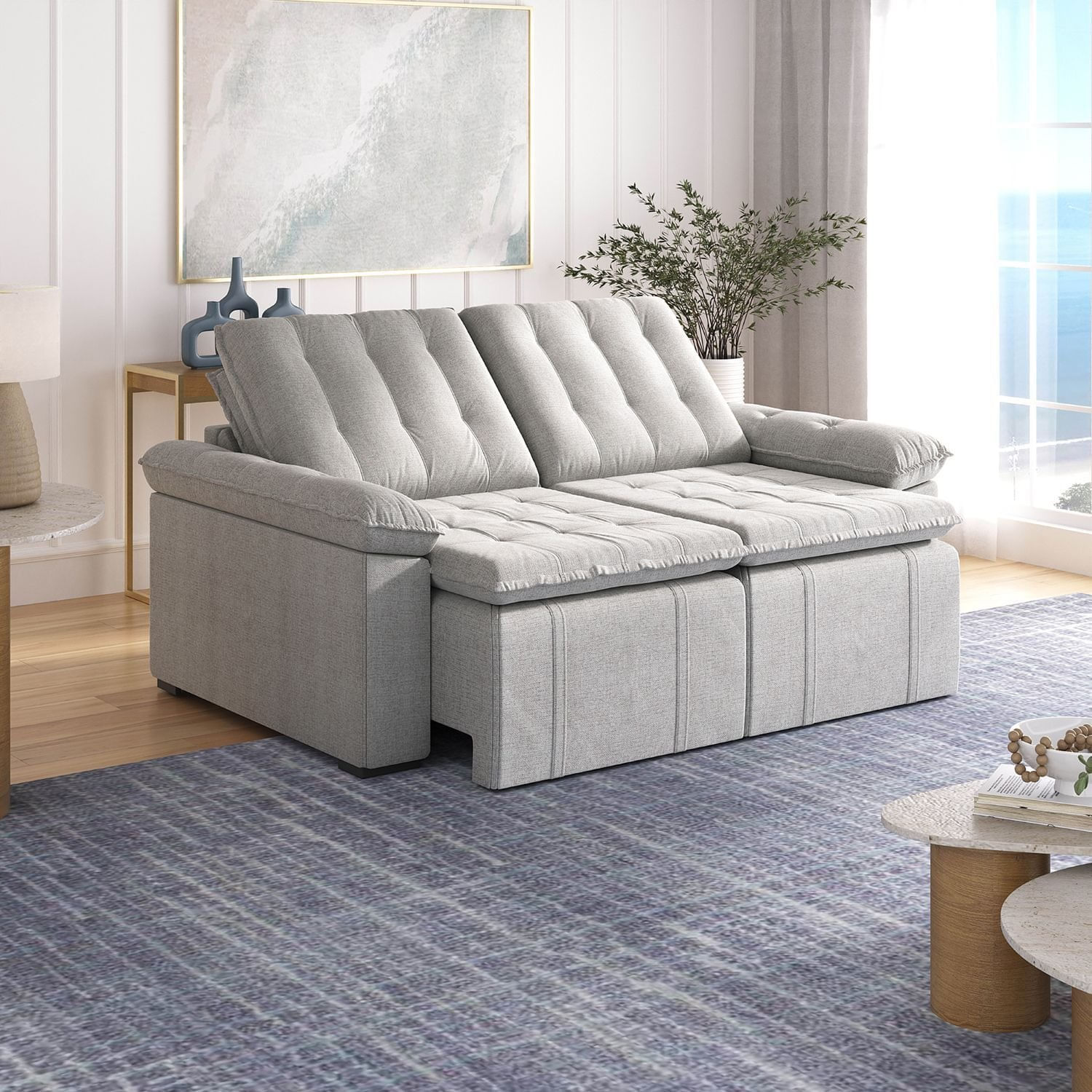 Sofá Cama 3 Lugares Retrátil Reclinável 2,00m Linho com Molas Palmeira CabeCasa MadeiraOriginals Cinza Cinza