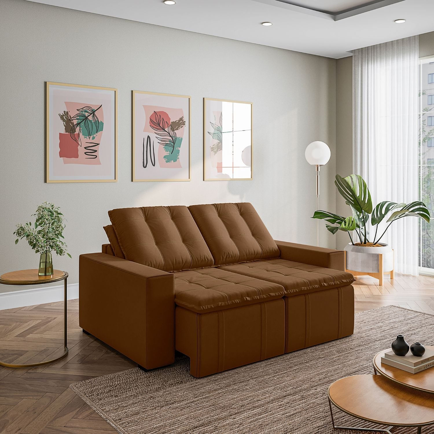 Sofá Cama Retrátil e Reclinável 3 Lugares 180cm em Veludo Palmeira CabeCasa MadeiraOriginals Marrom Marrom