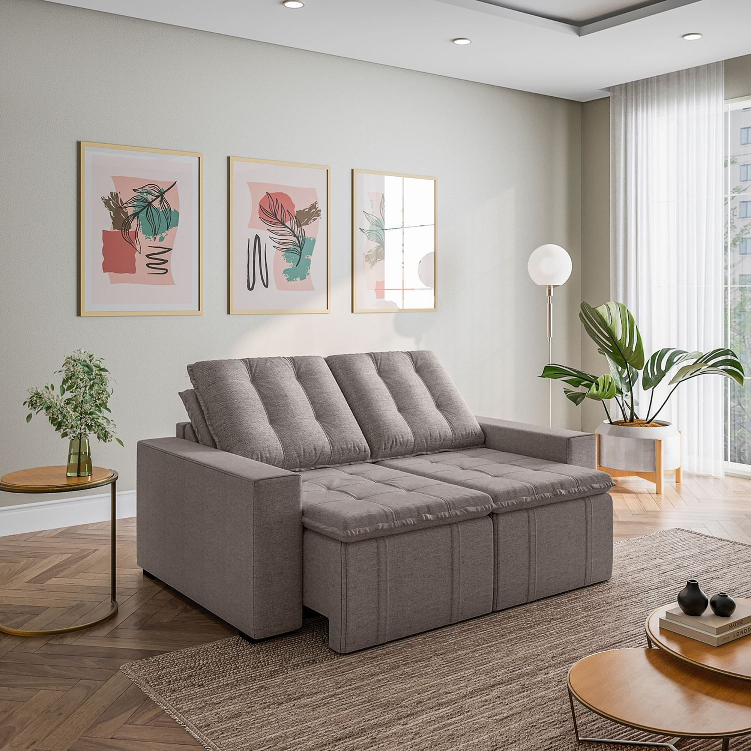 Sofá Cama Retrátil e Reclinável 3 Lugares 180cm em Linho Palmeira CabeCasa MadeiraOriginals Marrom Marrom