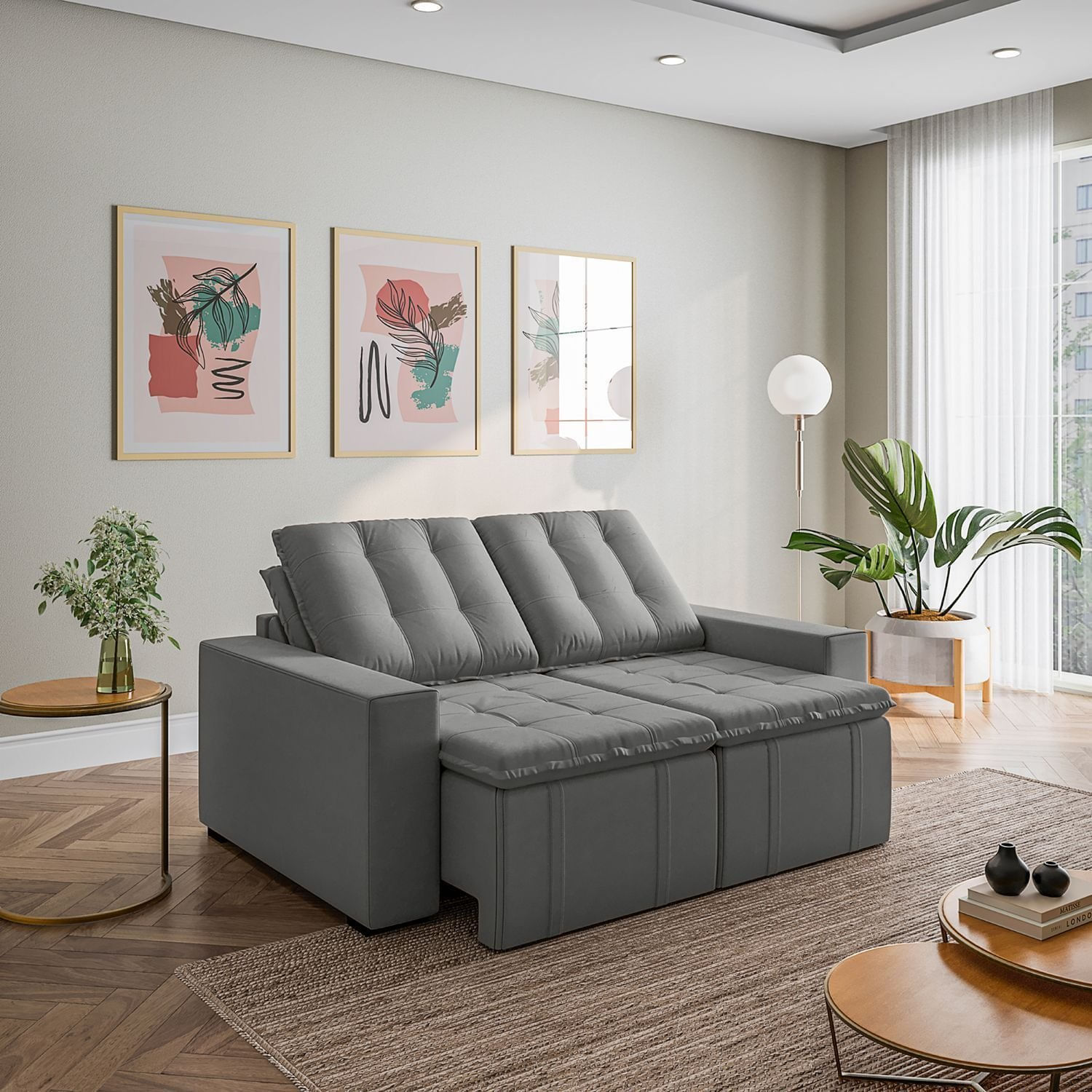 Sofá Cama Retrátil e Reclinável 3 Lugares 180cm em Veludo Palmeira CabeCasa MadeiraOriginals Cinza Cinza