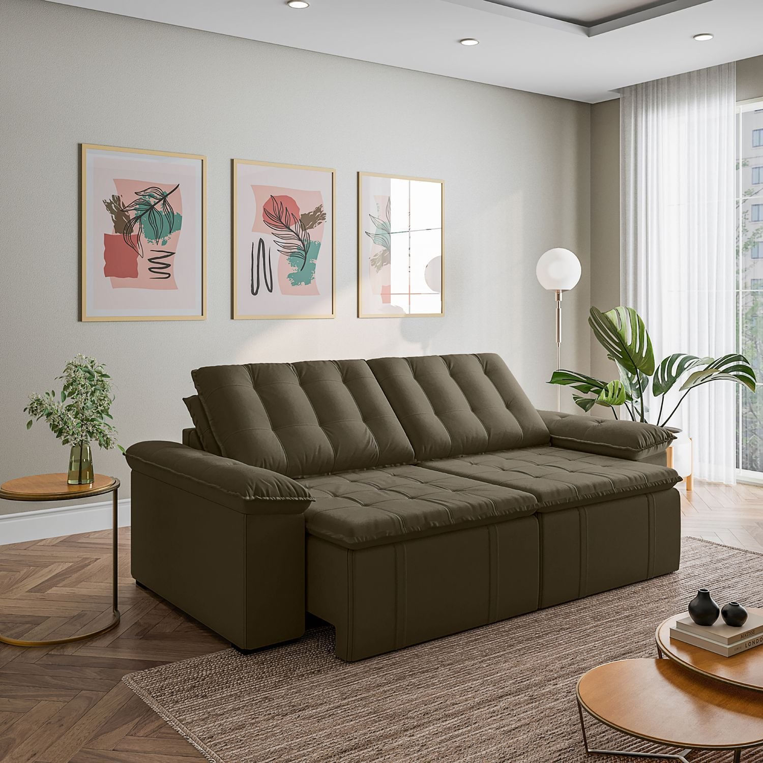 Sofá Cama Retrátil e Reclinável 3 Lugares 260cm Veludo com Molas Palmeira CabeCasa MadeiraOriginals Grafite Grafite