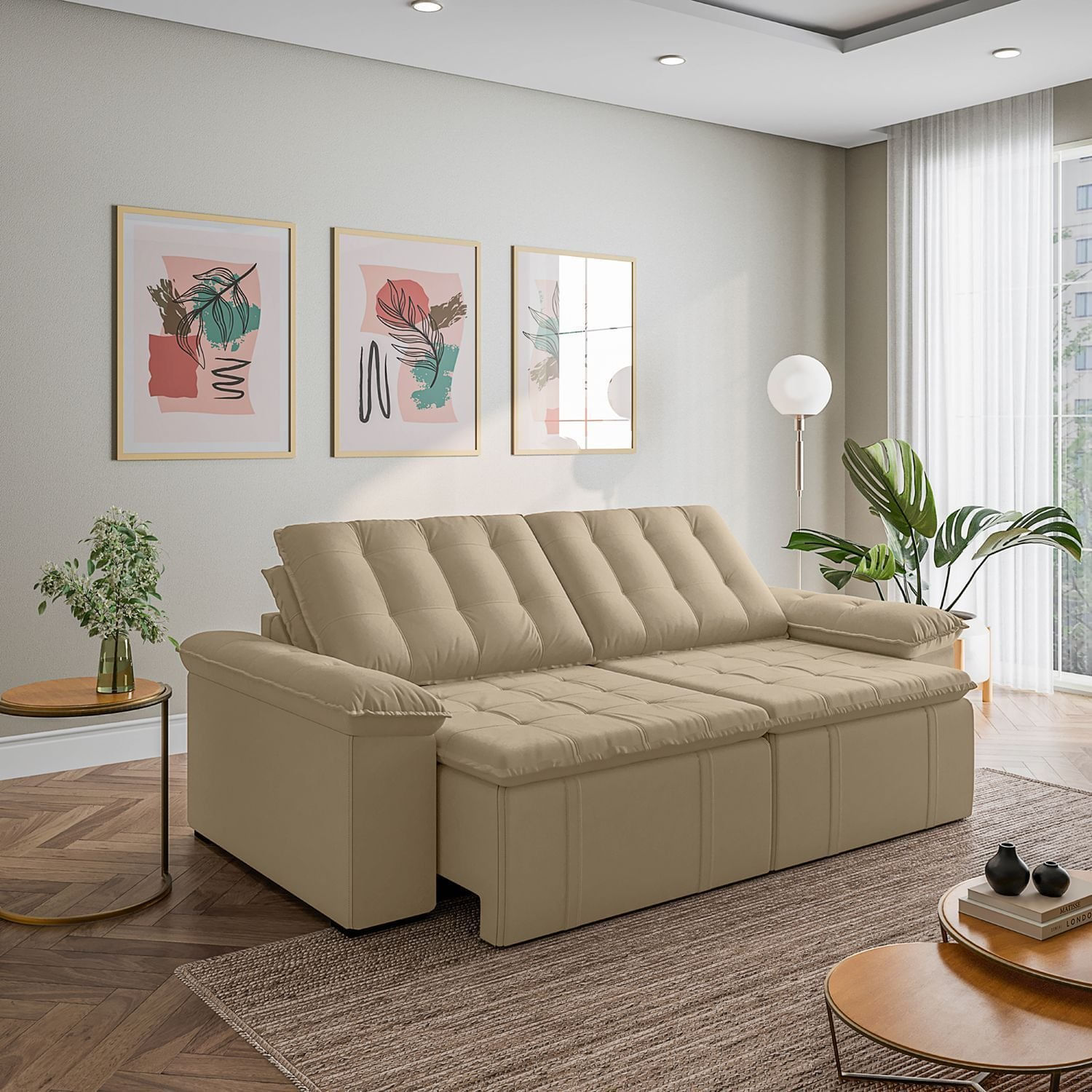 Sofá Cama Retrátil e Reclinável 3 Lugares 260cm Veludo com Molas Palmeira CabeCasa MadeiraOriginals Bege Bege