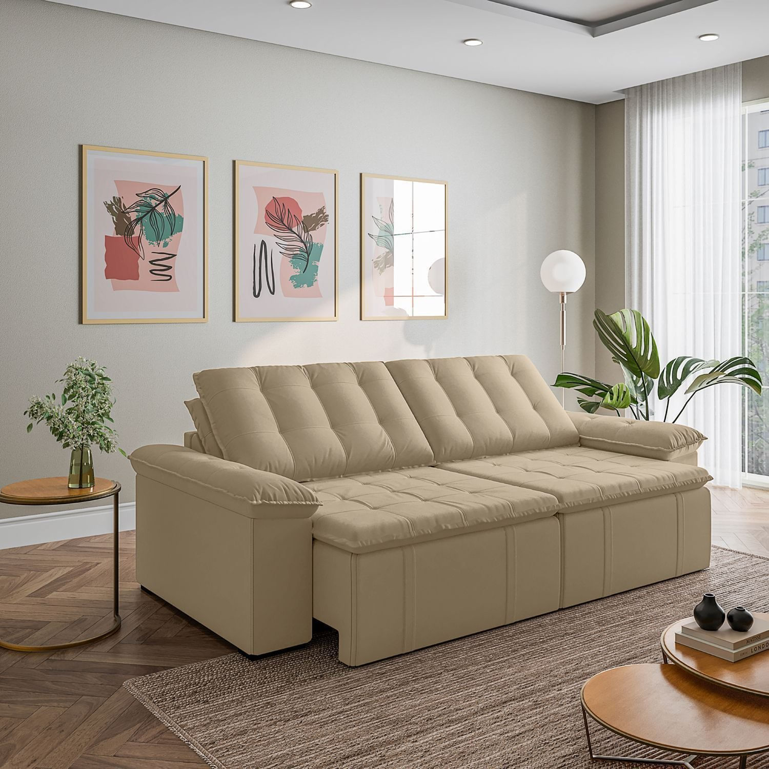 Sofá Cama Retrátil e Reclinável 4 Lugares 280cm Veludo com Molas Palmeira CabeCasa MadeiraOriginals Bege Bege