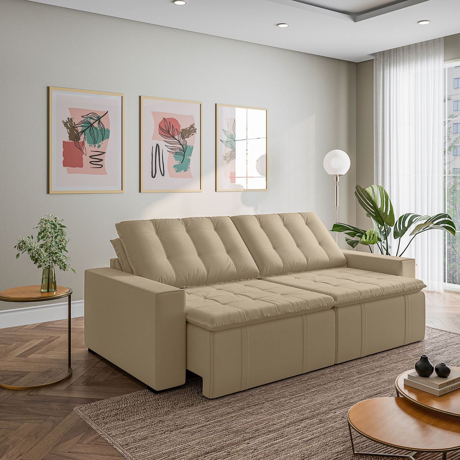 Sofá Cama Retrátil e Reclinável 4 Lugares 280cm em Veludo Palmeira CabeCasa MadeiraOriginals Bege Bege