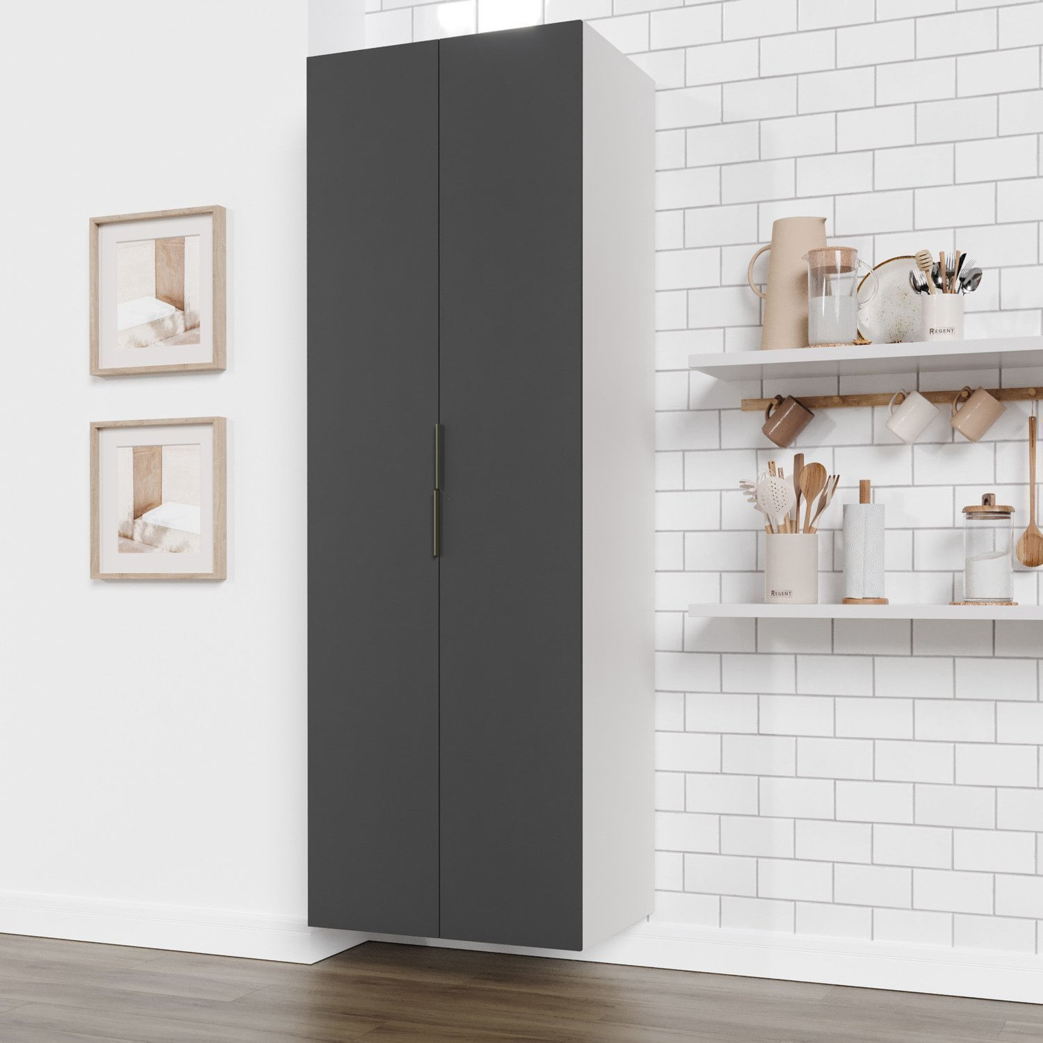Armário Multiuso 2 Portas 70cm sem Rodapé Ipanema CabeCasa MadeiraOriginals Grafite Trama/Branco