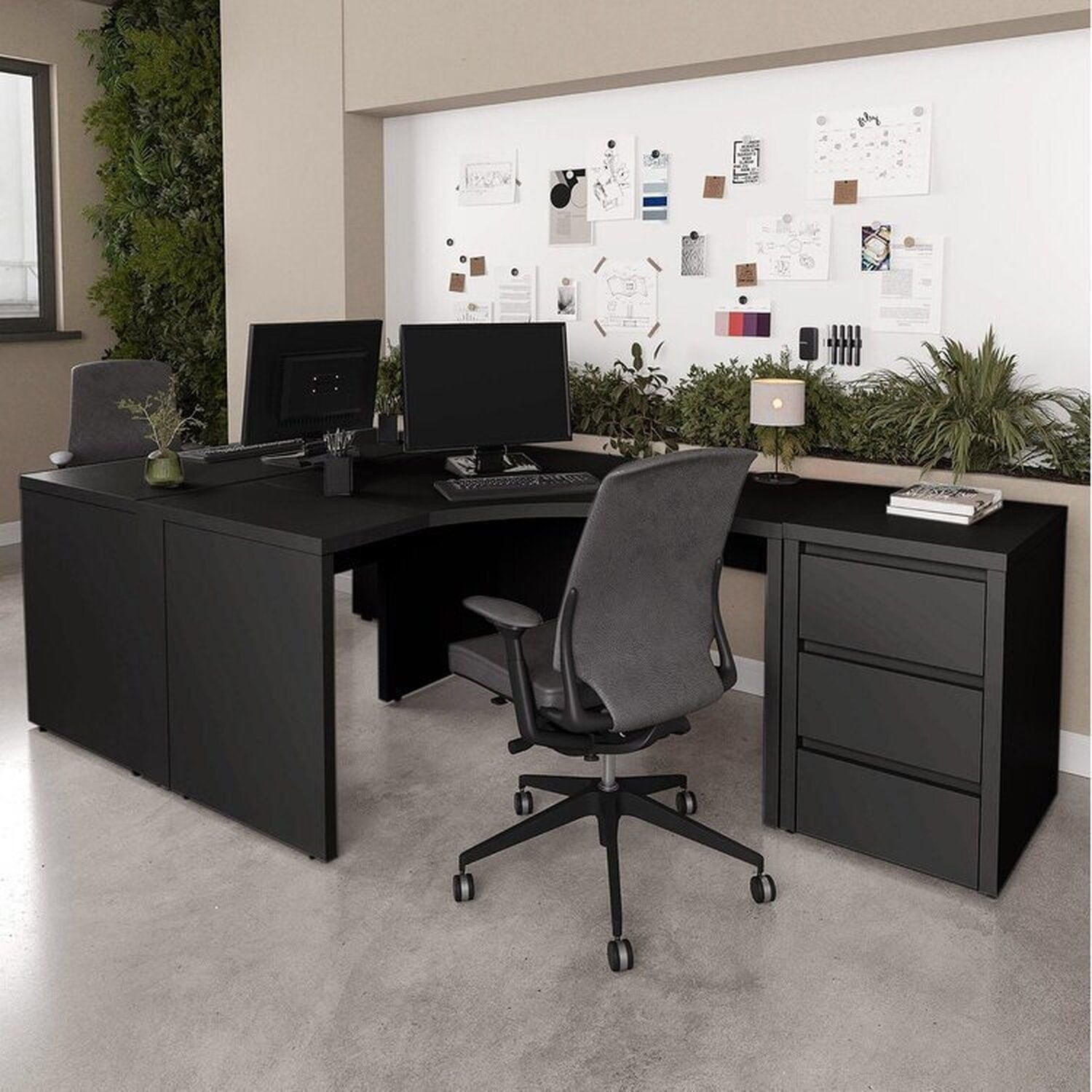 Conjunto Home Office 1 Mesa em L 1 Mesa 1 Gaveteiro Ficus 135cm CabeCasa MadeiraOriginals Preto Preto