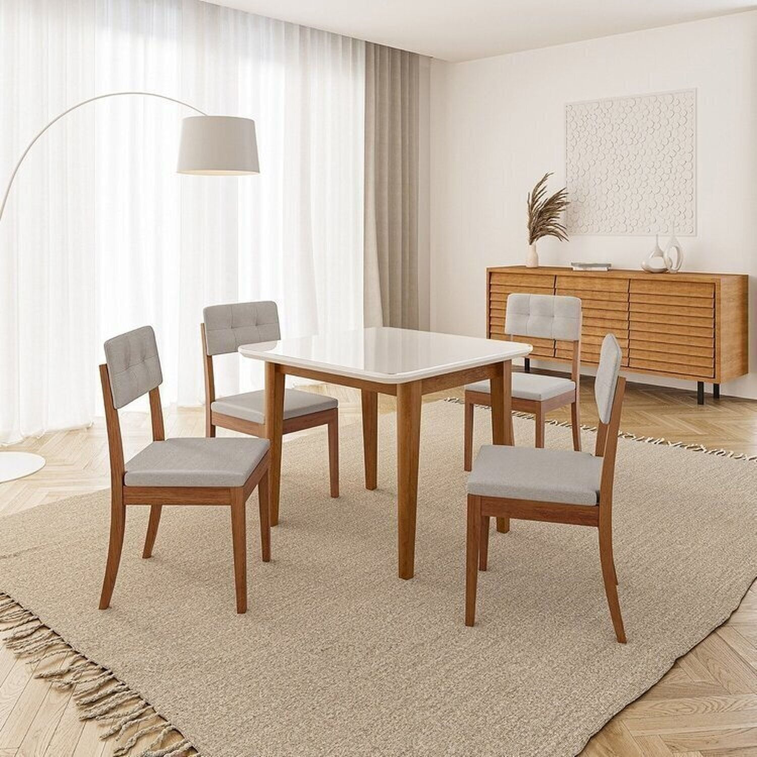 Conjunto Mesa de Jantar Tangará 95cm e 4 Cadeiras Estofadas Tiê CabeCasa MadeiraOriginals Caramelo/Bege Claro
