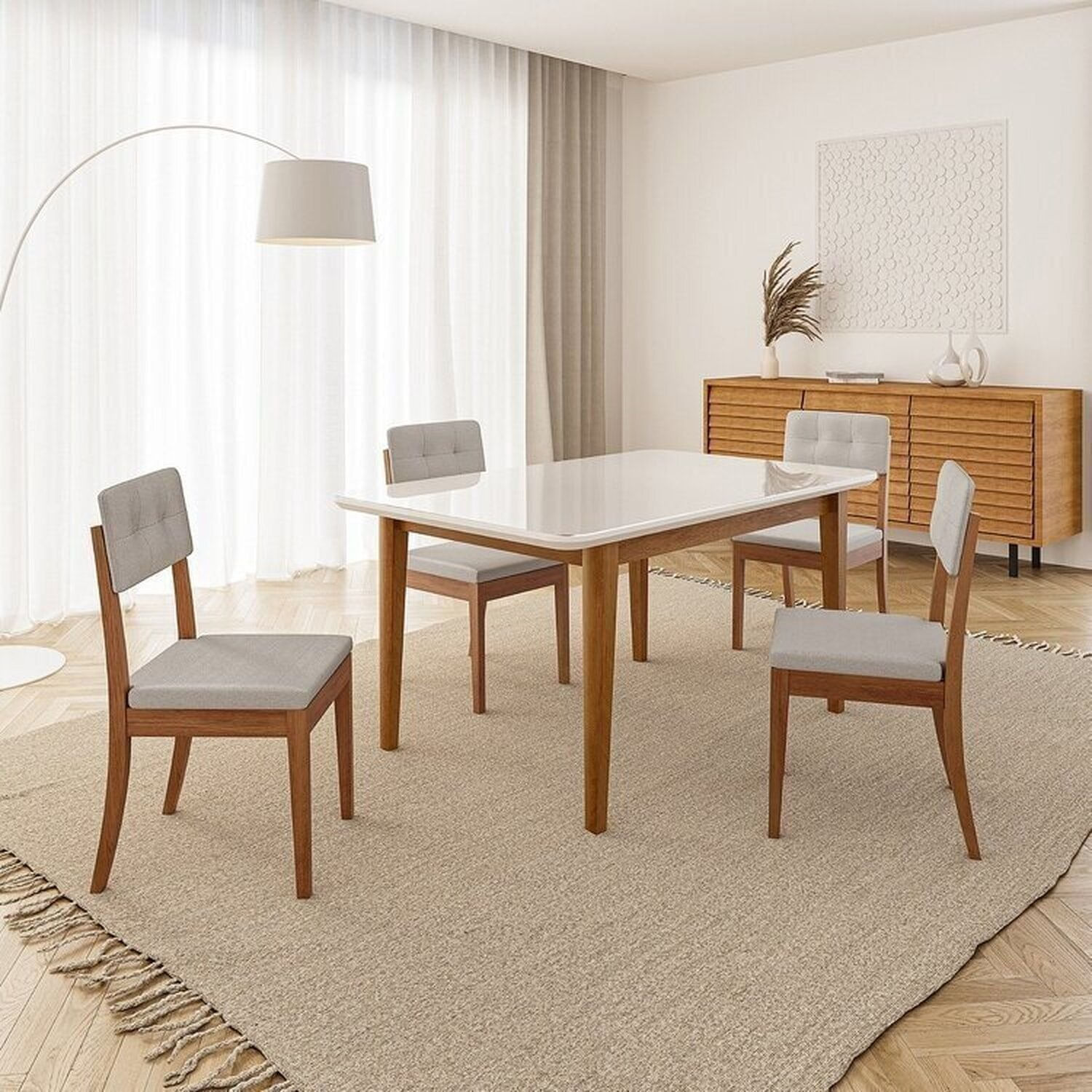 Conjunto Mesa de Jantar Tangará 160cm e 4 Cadeiras Estofadas Tiê CabeCasa MadeiraOriginals Bege/Caramelo Caramelo/Bege Claro