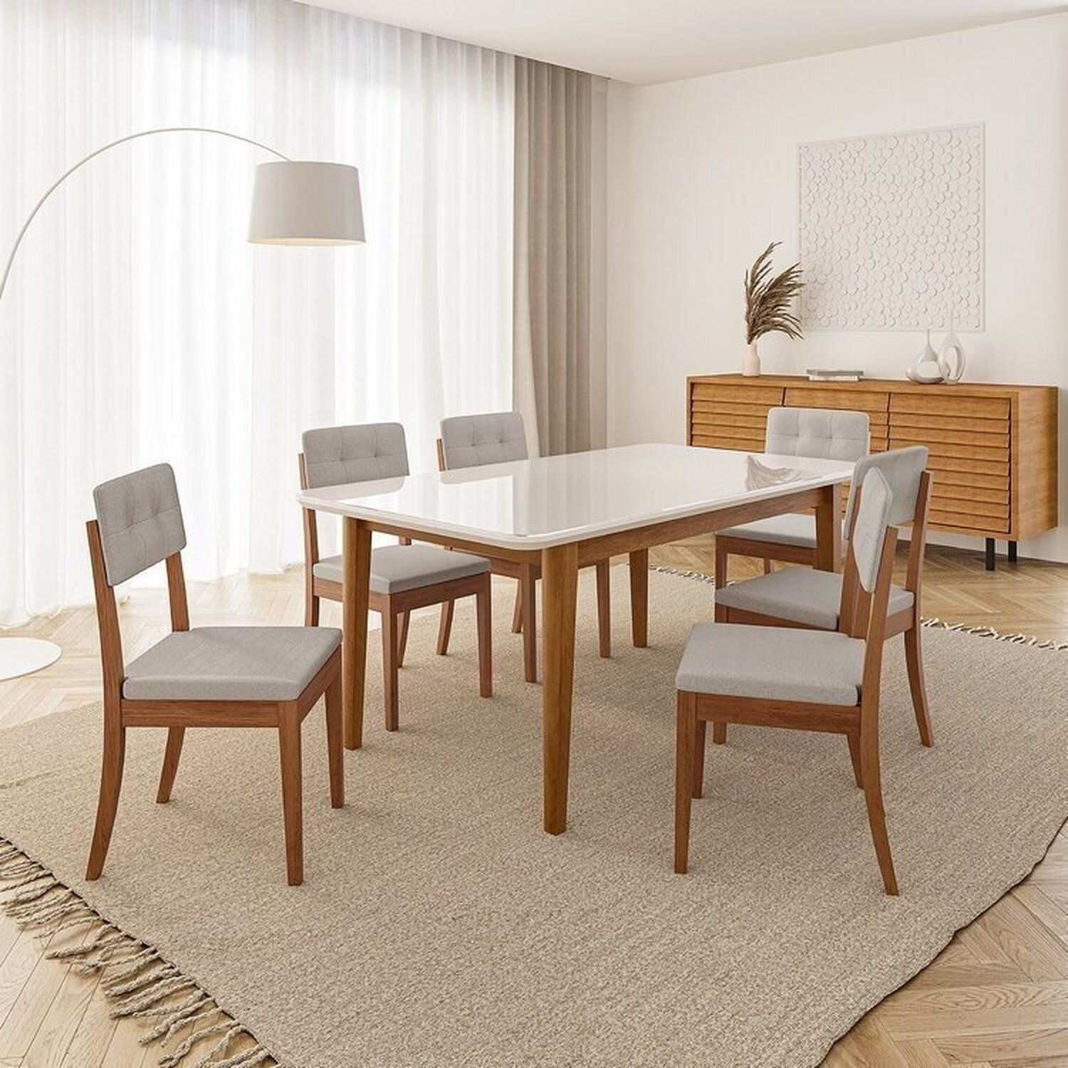 Conjunto Mesa de Jantar Tangará 180cm e 6 Cadeiras Estofadas Tiê CabeCasa MadeiraOriginals Caramelo/Bege Claro