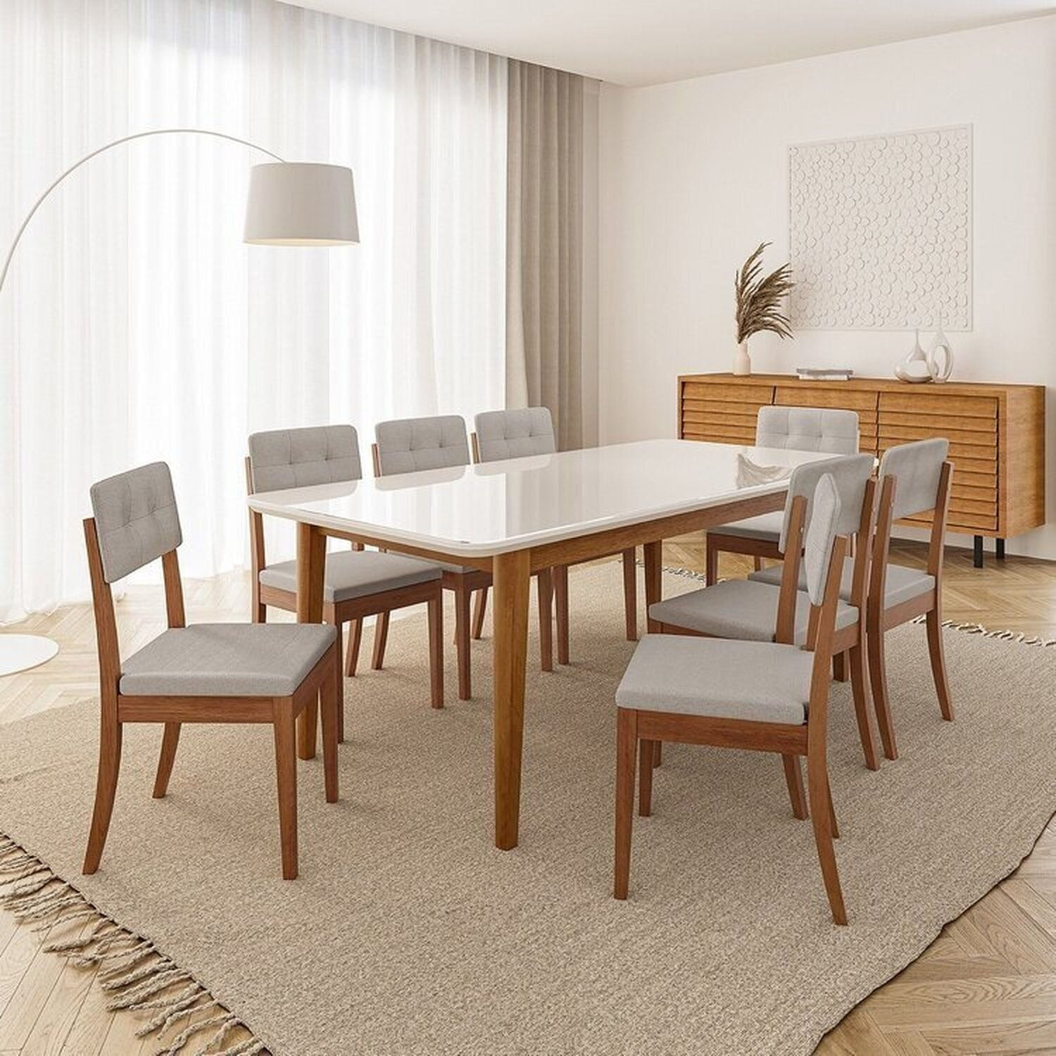 Conjunto Mesa de Jantar Tangará 210cm e 8 Cadeiras Estofadas Tiê CabeCasa MadeiraOriginals Caramelo/Bege Claro