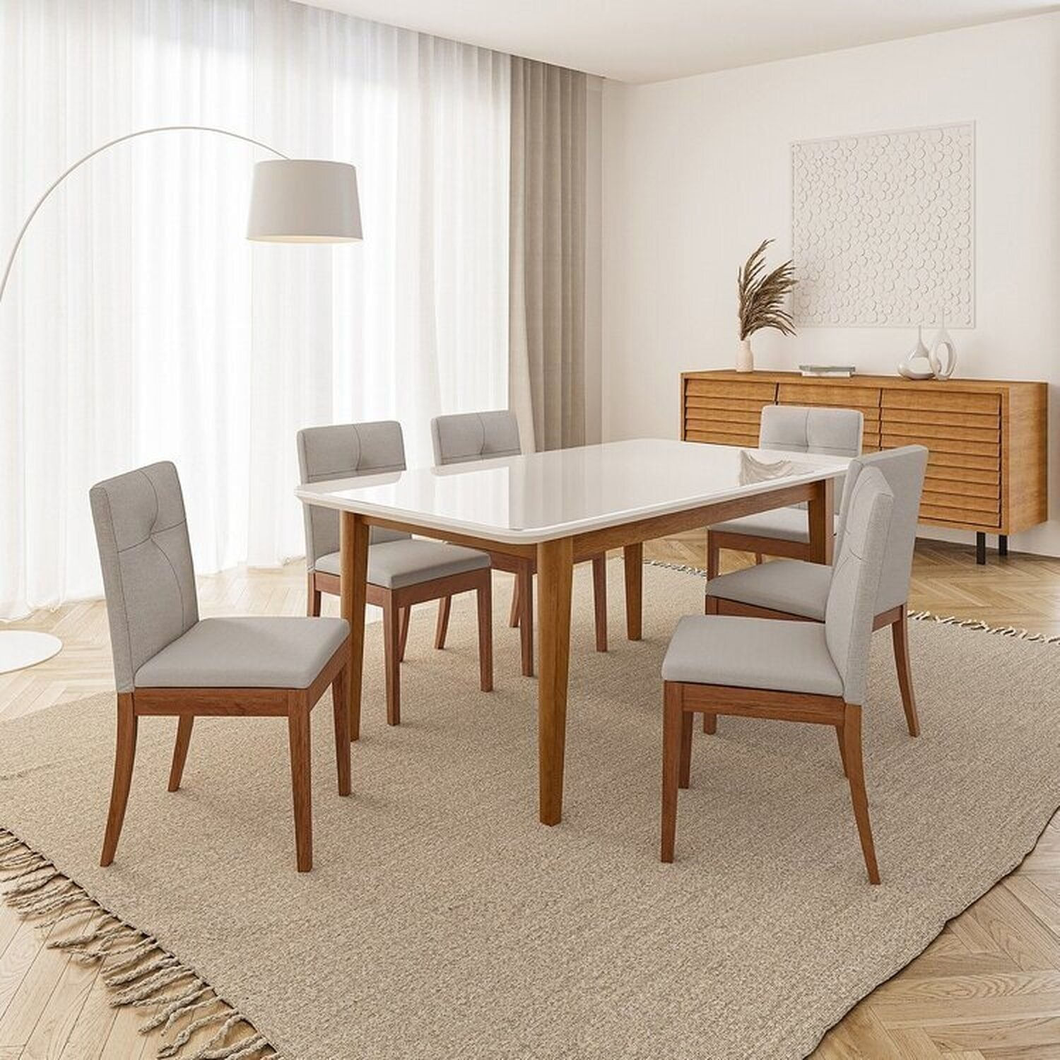 Conjunto Mesa de Jantar Tangará 180cm e 6 Cadeiras Estofadas Tiê Maxx CabeCasa MadeiraOriginals Caramelo/Bege Claro