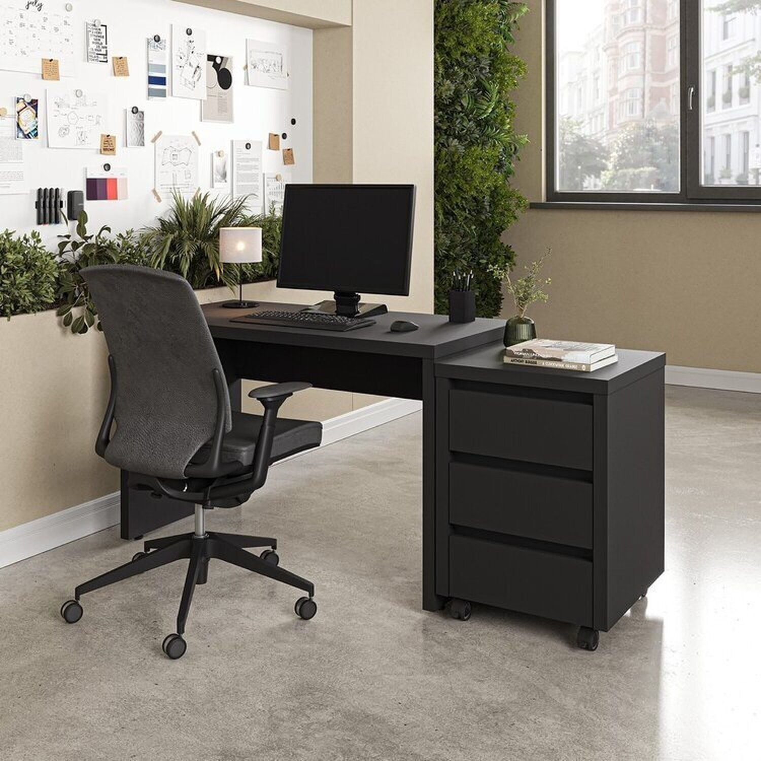 Escrivaninha Mesa Escritório com Gaveteiro com Rodízio Ficus 170cm CabeCasa MadeiraOriginals Preto Preto