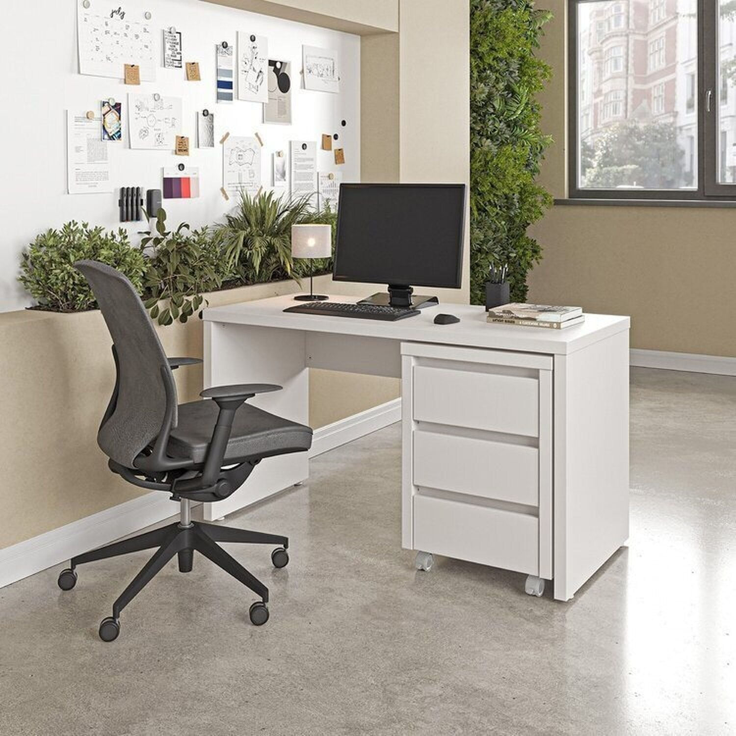 Escrivaninha Mesa Escritório com Gaveteiro com Rodízio Ficus 135cm CabeCasa MadeiraOriginals Branco Branco