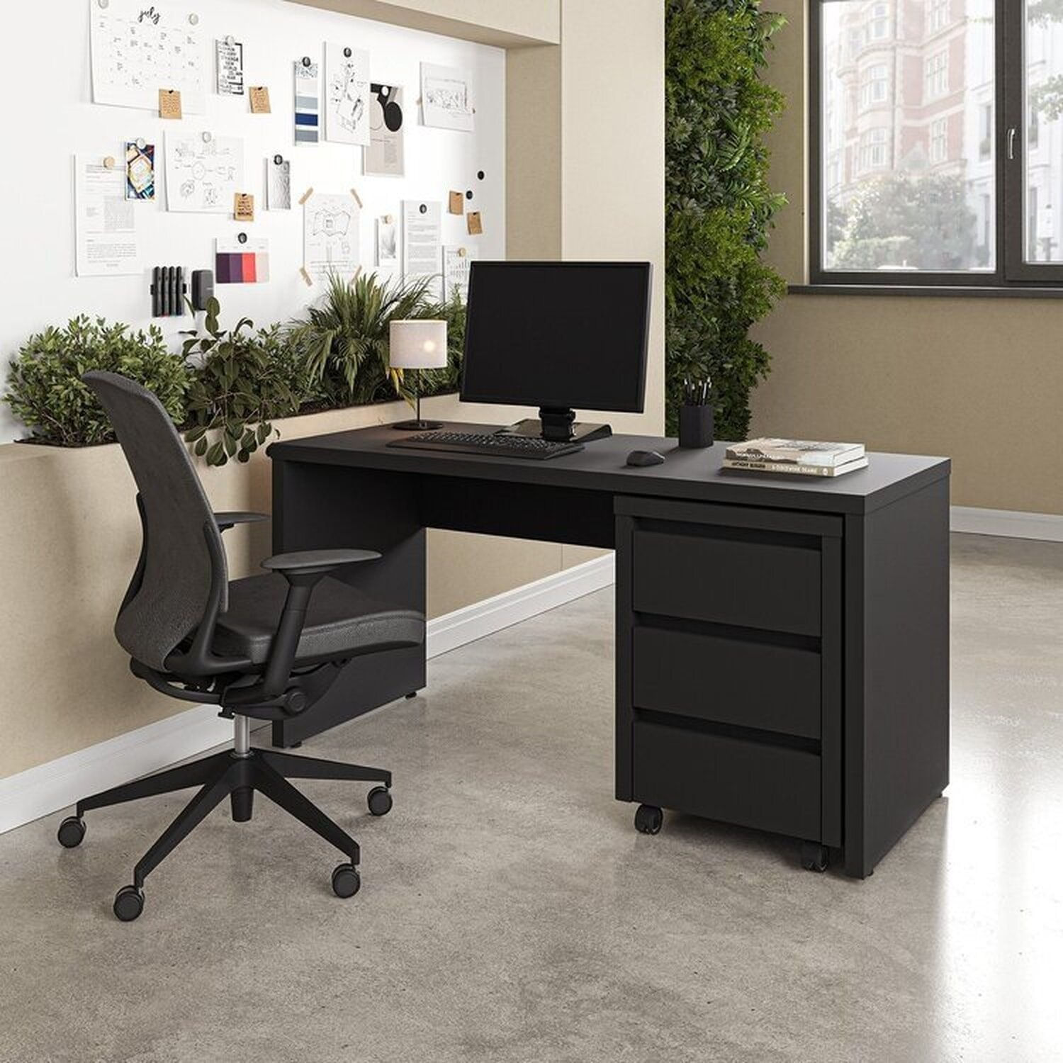 Escrivaninha Mesa Escritório com Gaveteiro com Rodízio Ficus 150cm CabeCasa MadeiraOriginals Preto Preto