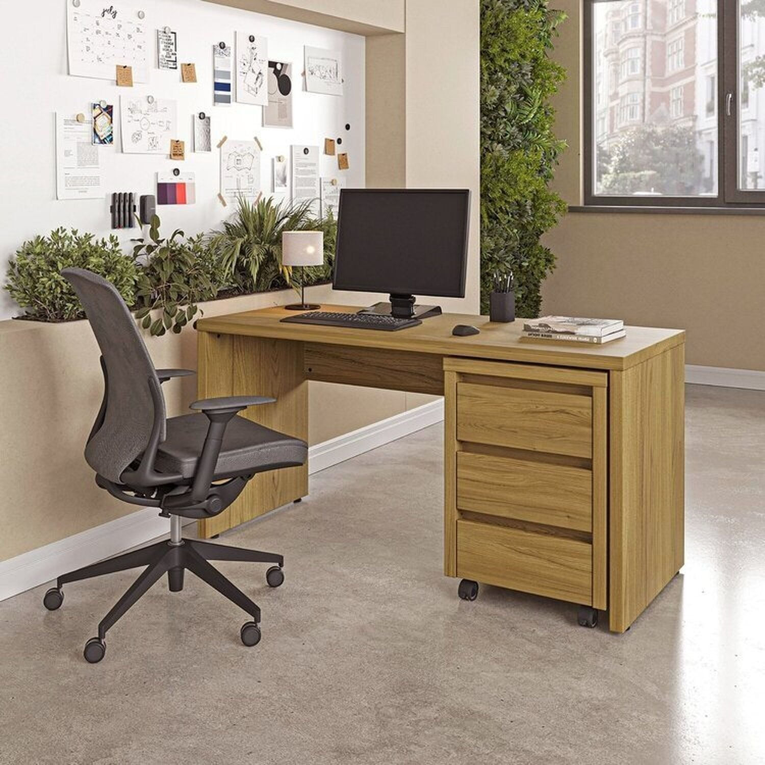 Escrivaninha Mesa Escritório com Gaveteiro com Rodízio Ficus 150cm CabeCasa MadeiraOriginals Rovere Marrom Rovere